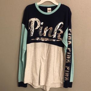 PINK VS navy and turquoise sequin shirt
